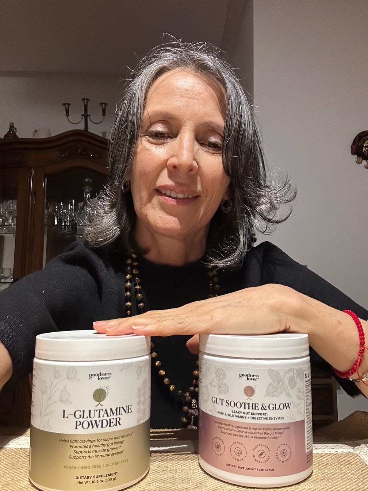 Carolina R. with her L-Glutamine Powder and Gut Soothe & Glow
